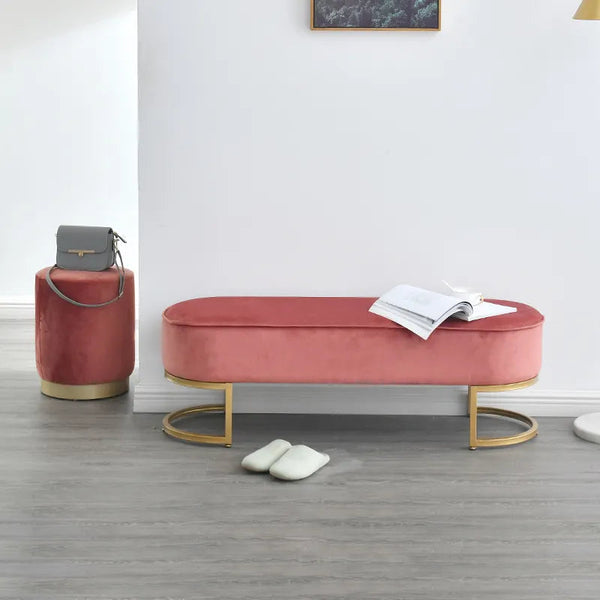 Modern Velvet Seating Bench in Blush Pink & Gold Finish