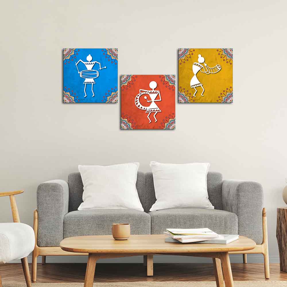 Modern Warli Art Wall Hanging Painting Set of Three