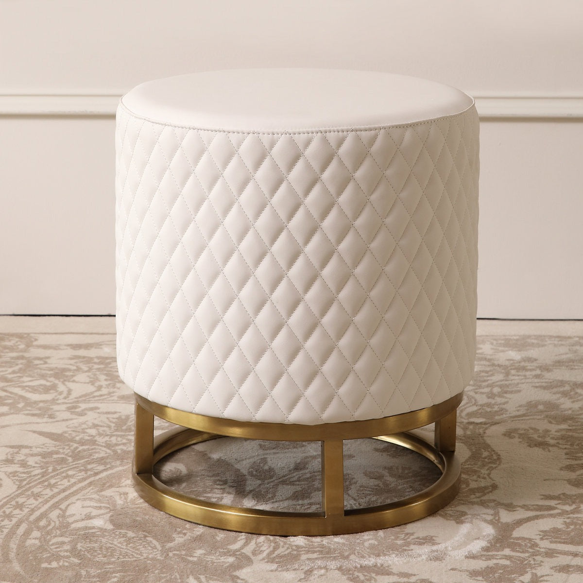 Modern White Accent Stool with Brass Golden Finish Metal Frame