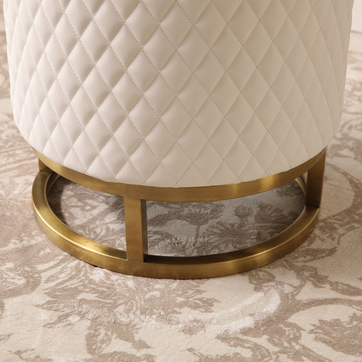 Modern White Accent Stool with Brass Golden Finish Metal Frame