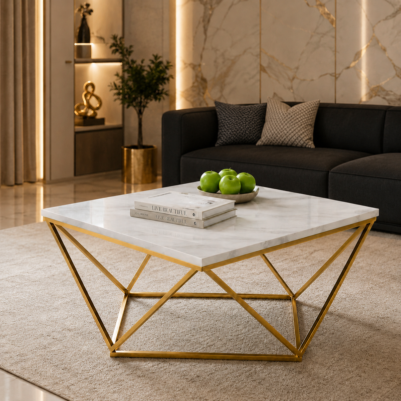 Modern White Marble Center Table with Golden Metal Base
