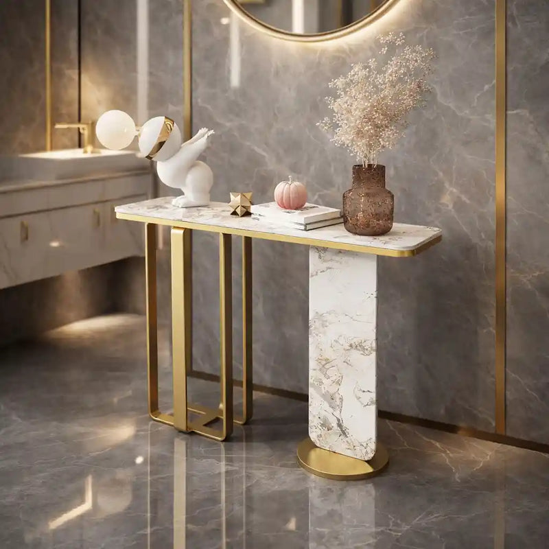 Modern White Marble Console Table with Dual-Leg Gold Design