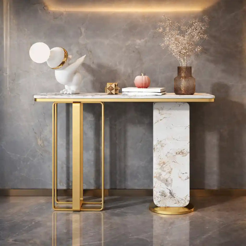Modern White Marble Console Table with Dual-Leg Gold Design