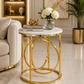 Modern White Marble Round Shaped Side Table with Golden Metallic Side