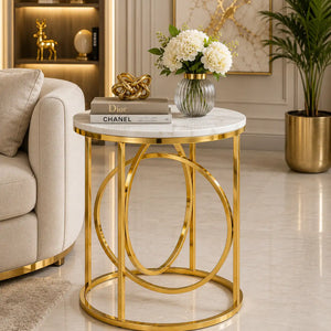 Modern White Marble Round Shaped Side Table with Golden Metallic Side