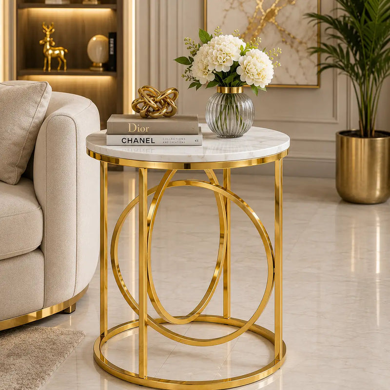Modern White Marble Round Shaped Side Table with Golden Metallic Side