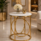 Modern White Marble Round Shaped Side Table with Golden Metallic Side