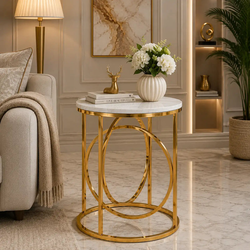 Modern White Marble Round Shaped Side Table with Golden Metallic Side
