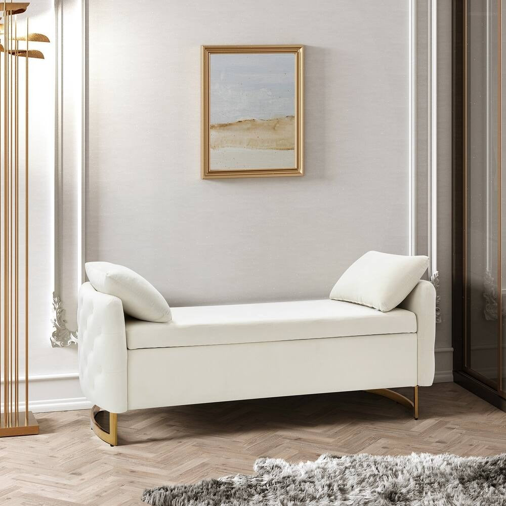 Modern White Upholstered Storage Bench with Gold Legs
