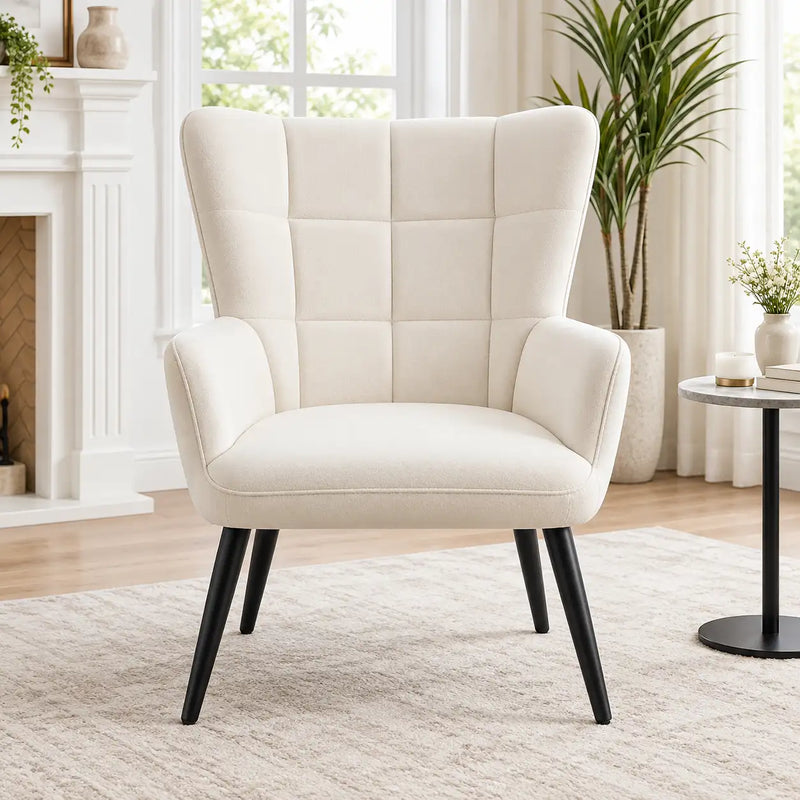 Modern White Wingback Lounge Chair with Black Tapered Legs