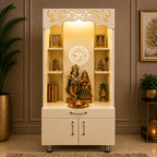 Modern Wooden Pooja Mandir with Om Design Back Panel & Storage Cabinet