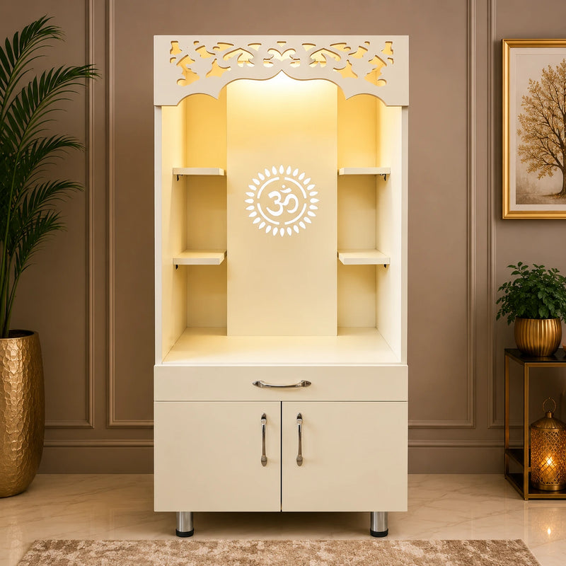 Modern Wooden Pooja Mandir with Om Design Back Panel & Storage Cabinet