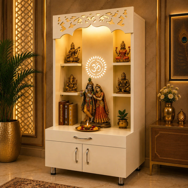 Modern Wooden Pooja Mandir with Om Design Back Panel & Storage Cabinet