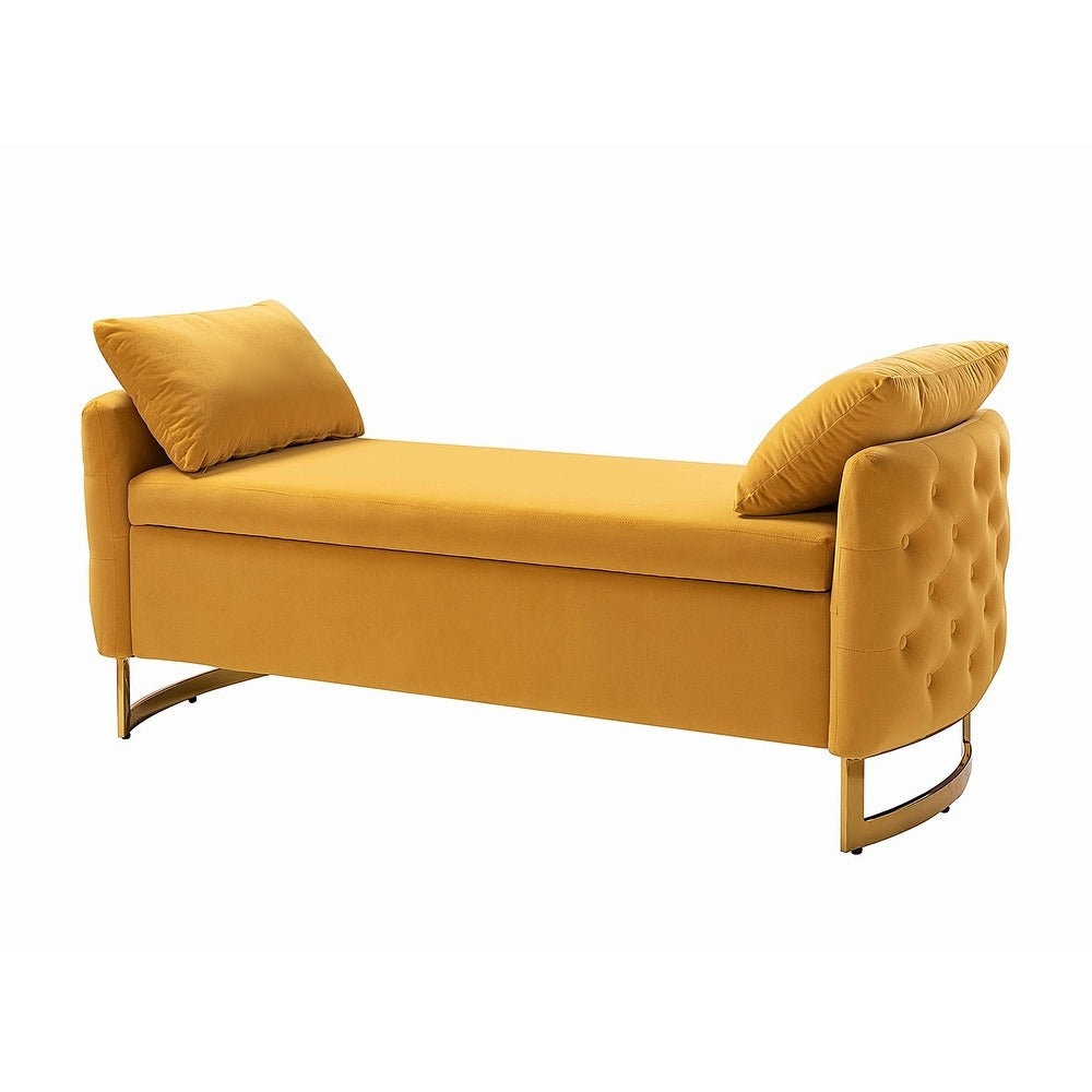 Modern Yellow Upholstered Storage Bench with Gold Legs