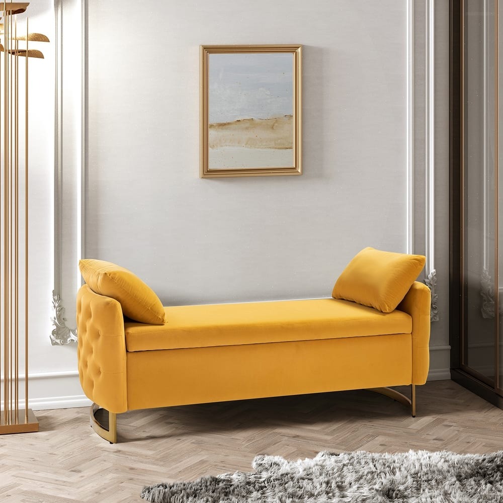 Modern Yellow Upholstered Storage Bench with Gold Legs