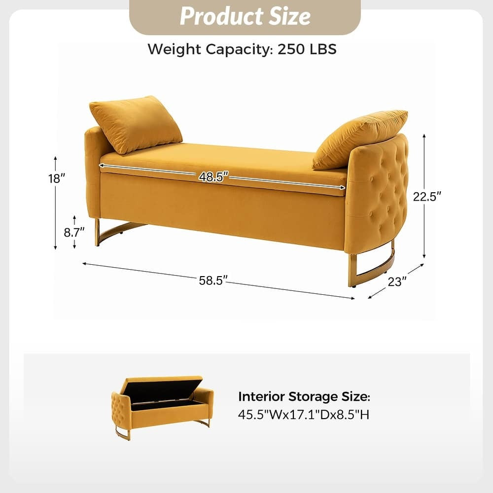 Modern Yellow Upholstered Storage Bench with Gold Legs