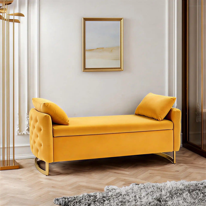 modern-yellow-upholstered-storage-bench-with-gold-legs