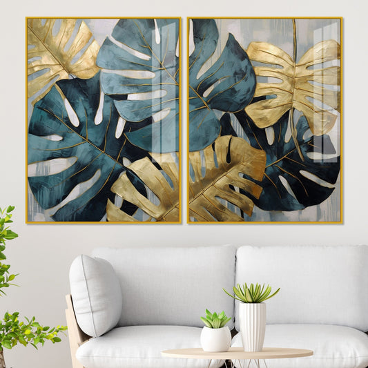 Monstera Leaves Acrylic Floating Wall Painting Set of 2