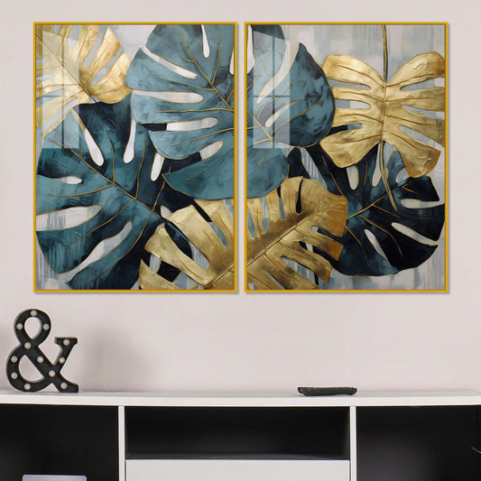 Monstera Leaves Acrylic Floating Wall Painting Set of 2