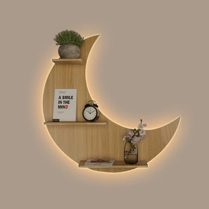 Moon Backlit Designer Wooden Wall Shelf / Book Shelf, Oak Finish