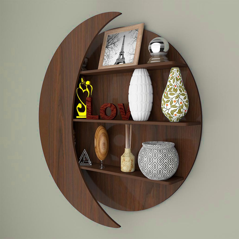 Moon Shape Designer Wooden Wall Shelf / Book Shelf, Walnut Finish