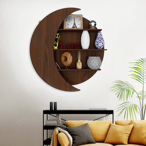 Moon Shape Designer Wooden Wall Shelf / Book Shelf, Walnut Finish