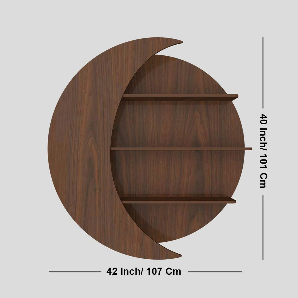 Moon Shape Designer Wooden Wall Shelf / Book Shelf, Walnut Finish