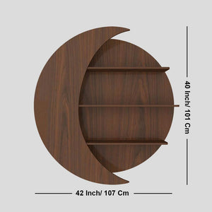 Moon Shape Designer Wooden Wall Shelf / Book Shelf, Walnut Finish