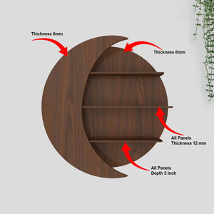 Moon Shape Designer Wooden Wall Shelf / Book Shelf, Walnut Finish