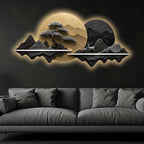 Moonlit Bonsai Tree Mountain Landscape Crystal Glass Backlit LED Painting