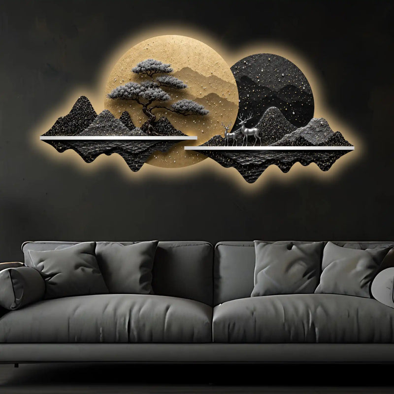 Moonlit Bonsai Tree Mountain Landscape Crystal Glass Backlit LED Painting