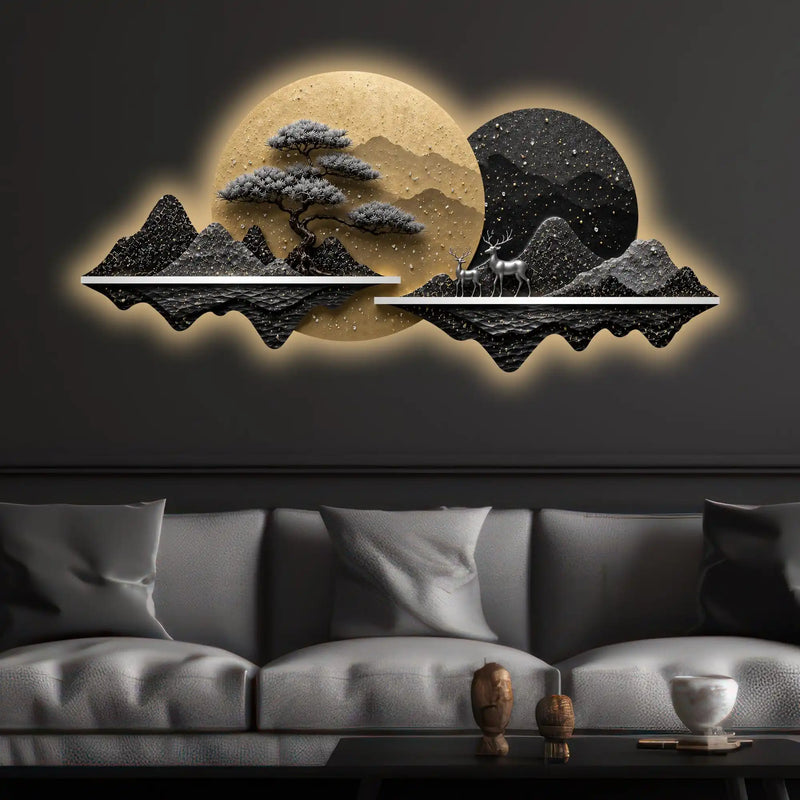 Moonlit Bonsai Tree Mountain Landscape Crystal Glass Backlit LED Painting