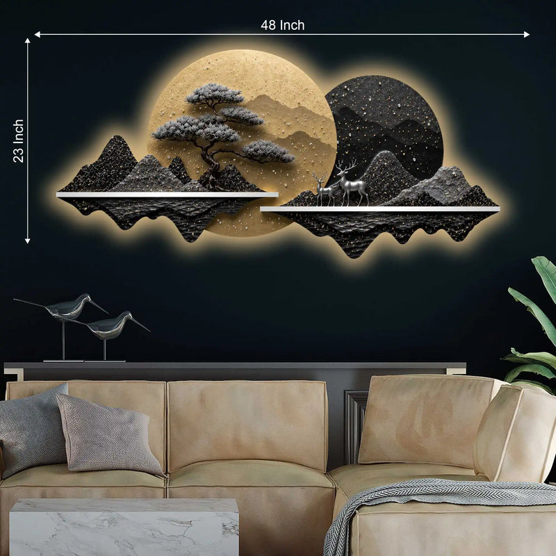 Moonlit Bonsai Tree Mountain Landscape Crystal Glass Backlit LED Painting