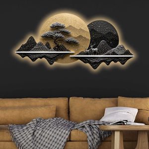 Moonlit Bonsai Tree Mountain Landscape Crystal Glass Backlit LED Wall Art