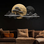 Moonlit Bonsai Tree Mountain Landscape Crystal Glass Backlit LED Wall Art