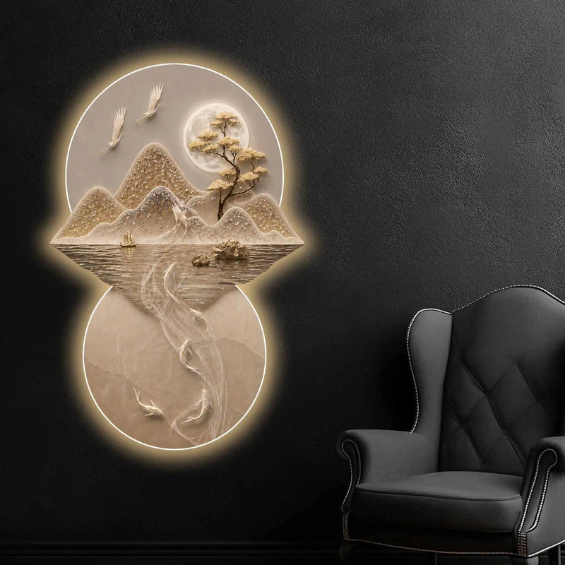 Moonlit Crane & Koi Serenity Crystal Glass Backlit LED Painting