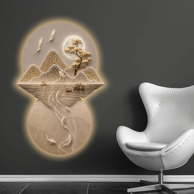 Moonlit Crane & Koi Serenity Crystal Glass Backlit LED Painting