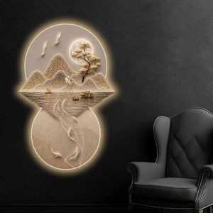 Moonlit Crane & Koi Serenity Crystal Glass Backlit LED Wall Art