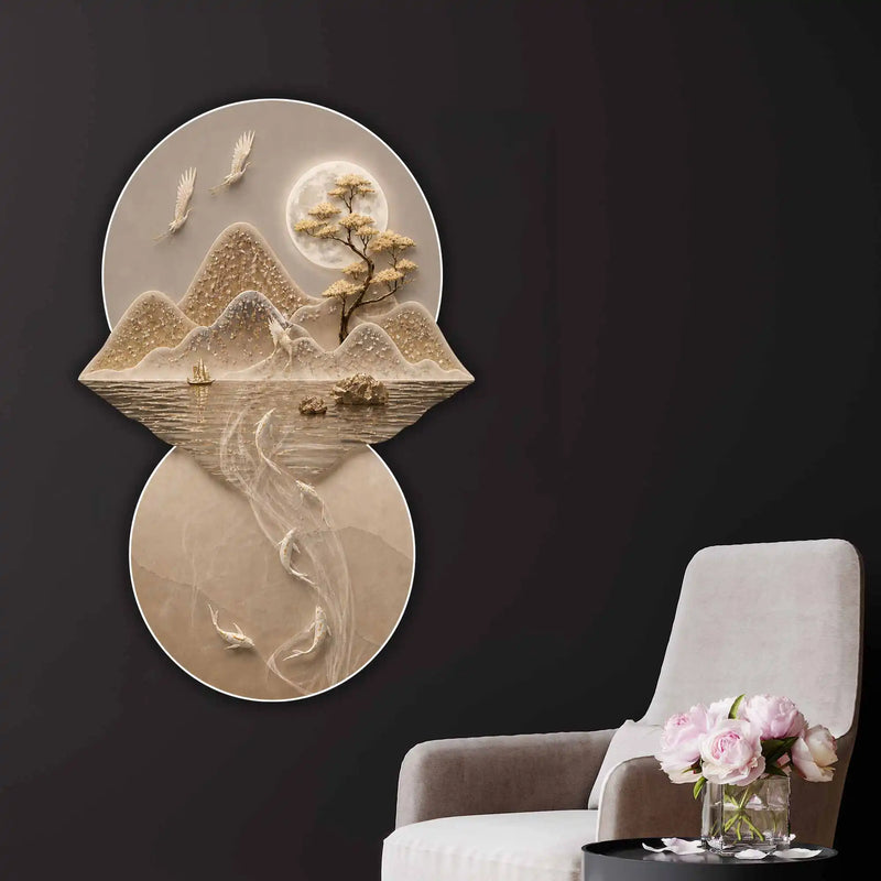 Moonlit Crane & Koi Serenity Crystal Glass Backlit LED Wall Art