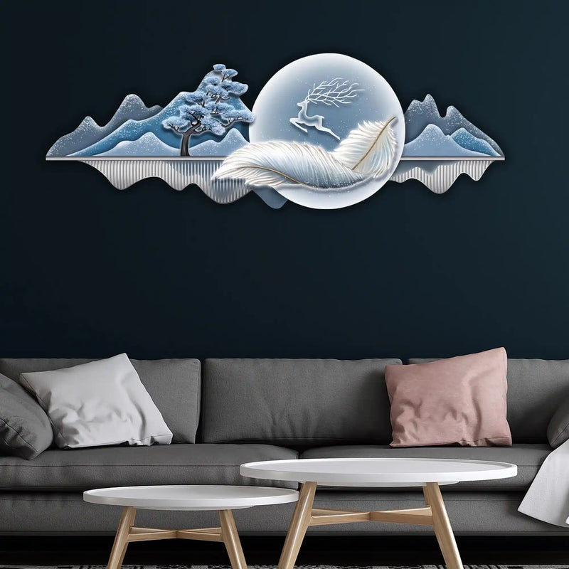 Moonlit Feather Deer & Mountains Crystal Glass Backlit LED Painting