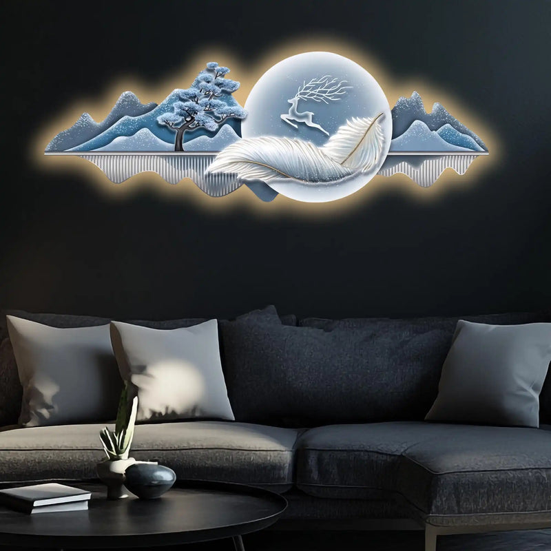 Moonlit Feather Deer & Mountains Crystal Glass Backlit LED Painting