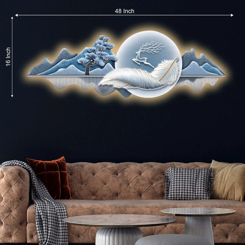 Moonlit Feather Deer & Mountains Crystal Glass Backlit LED Painting