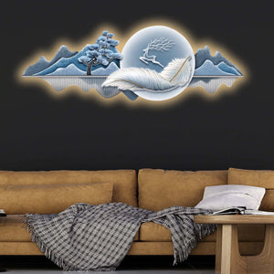Moonlit Feather Deer & Mountains Crystal Glass Backlit LED Wall Art