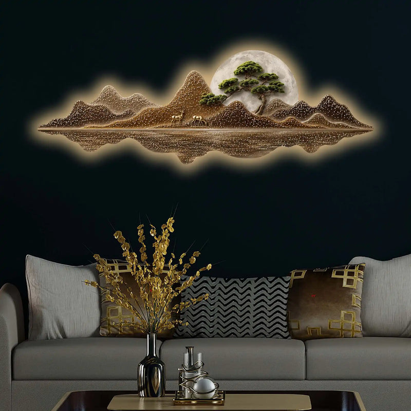 Moonlit Golden Peaks Premium Crystal Glass Backlit LED Painting