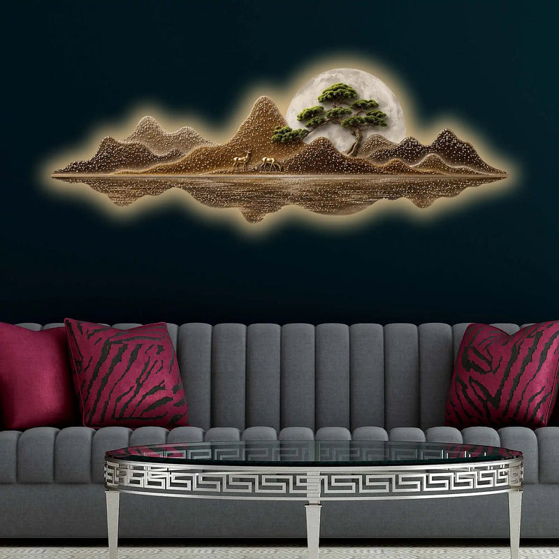 Moonlit Golden Peaks Premium Crystal Glass Backlit LED Painting