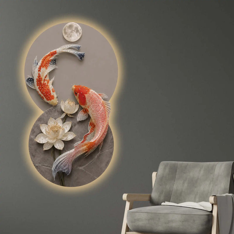 Moonlit Koi & Lotus Crystal Glass Backlit LED Wall Art