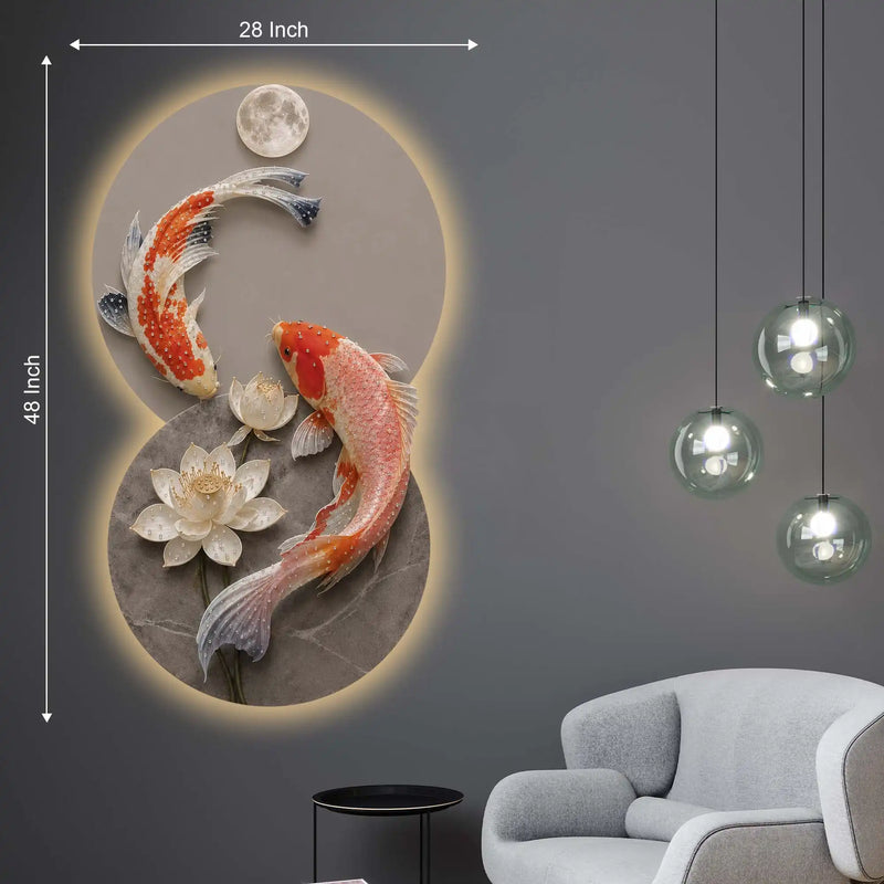 Moonlit Koi & Lotus Crystal Glass Backlit LED Wall Art