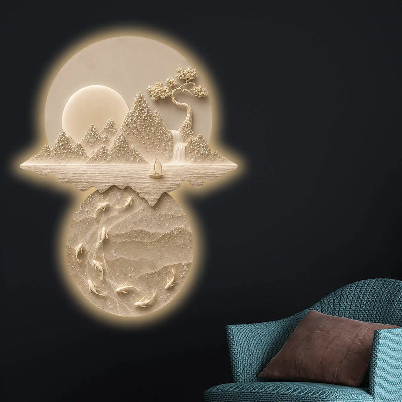 Moonlit Mountain & Koi Pond Crystal Glass Backlit LED Painting