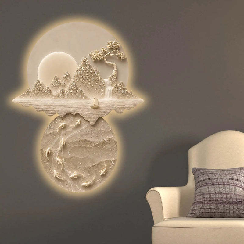 Moonlit Mountain & Koi Pond Crystal Glass Backlit LED Wall Art