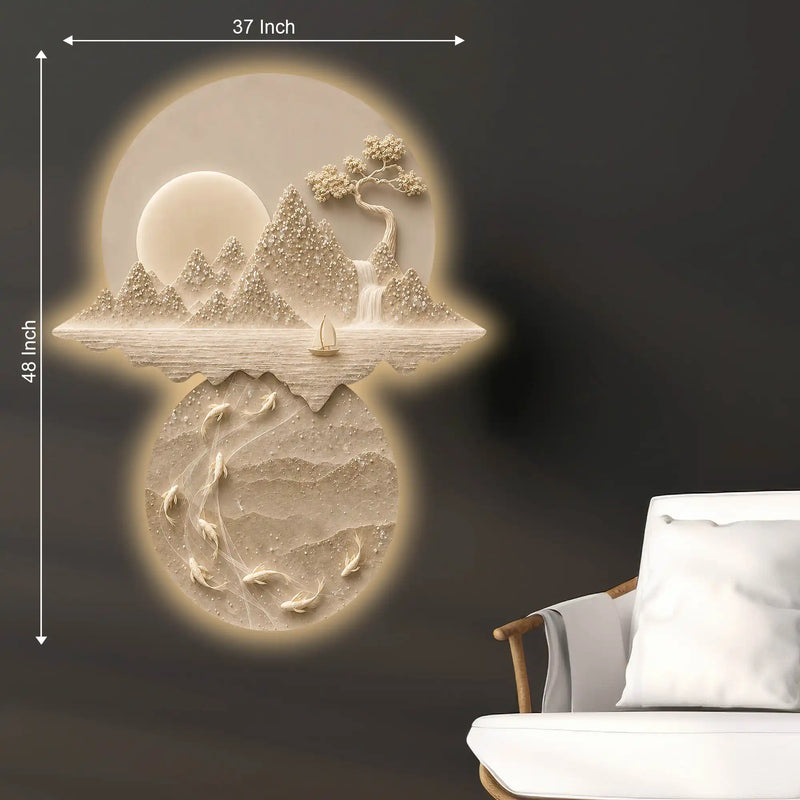 Moonlit Mountain & Koi Pond Crystal Glass Backlit LED Wall Art